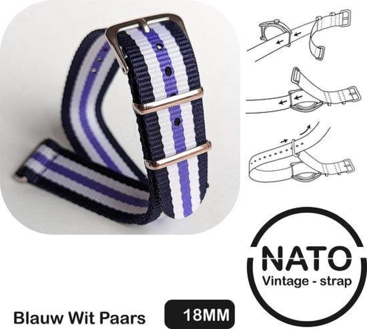 18mm Premium Nato Strap Zwart Wit Paars Gestreept - Vintage James Bond - Nato Strap collectie - Mannen - Horlogeband - 18 mm bandbreedte voor oa. Seiko Rolex Omega Casio en Citizen