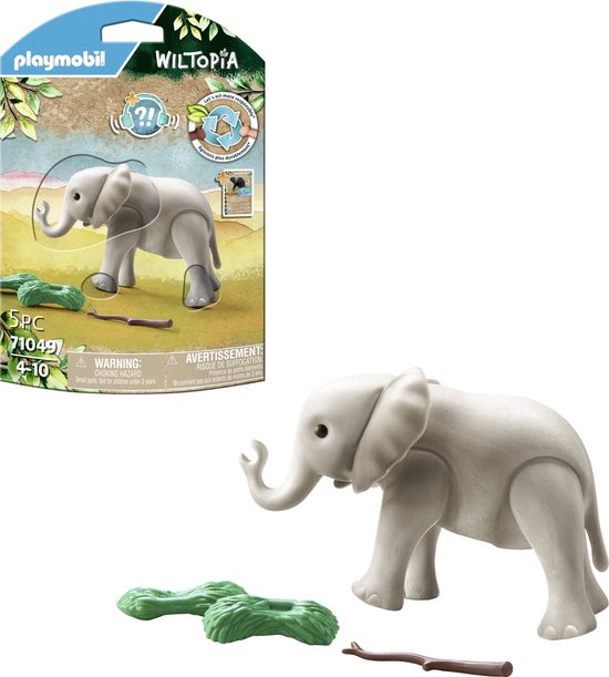 Grijze Playmobil babyolifant met tak en groen struikgewas op een speelgoedverpakking en losse figuur.