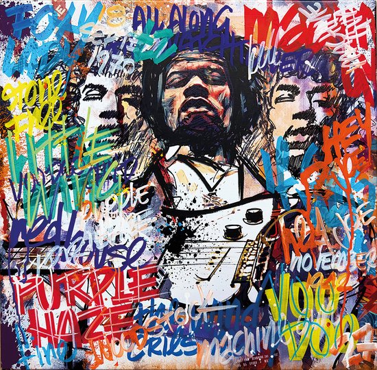 Jimi Hendrix - Purple Haze - unieke afbeelding geprint op multiplex 90 x 90 cm