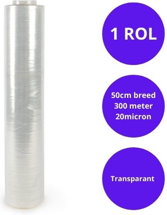 Handwikkelfolie - rekfolie - stretchfolie - inpakfolie - pallet folie - transparant - 50cm x 300m - 20 micron - 1 rol