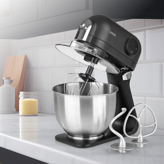 N8WERK Midnight Edition Keukenmachine, garde, kneedhaak en roerhaak, spatbescherming met vulopening, roestvrijstalen kom van 5 liter, 6 snelheden, 1200 watt, digitaal display van Merkloos — afbeelding 4