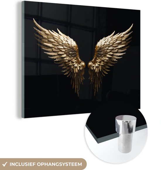 MuchoWow® Glasschilderij 120x90 cm - Schilderij acrylglas - Vleugels - Engel - Goud - Zwart - Abstract - Foto op glas - Muurdecoratie woonkamer - Wanddecoratie slaapkamer - Schilderijen