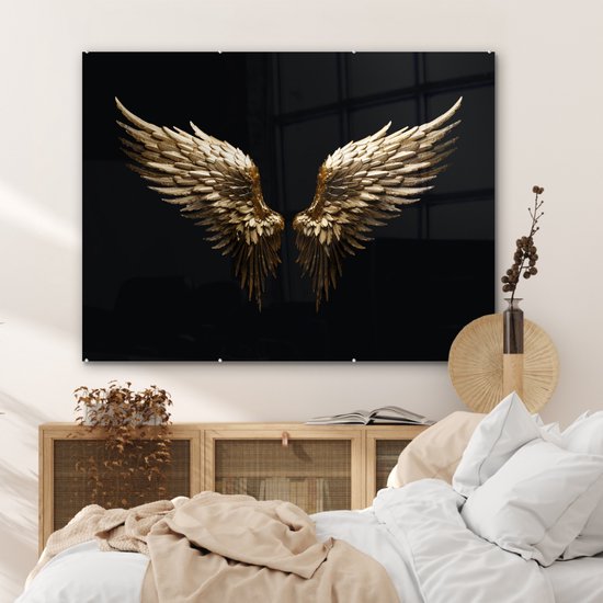 MuchoWow® Glasschilderij 120x90 cm - Schilderij acrylglas - Vleugels - Engel - Goud - Zwart - Abstract - Foto op glas - Muurdecoratie woonkamer - Wanddecoratie slaapkamer - Schilderijen