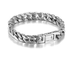 Heren Armband met Versierde Cuban Schakels - Zilver kleurig - Staal - Vaderdag Cadeau Geschenk - Mannen Cadeautjes Accesoires