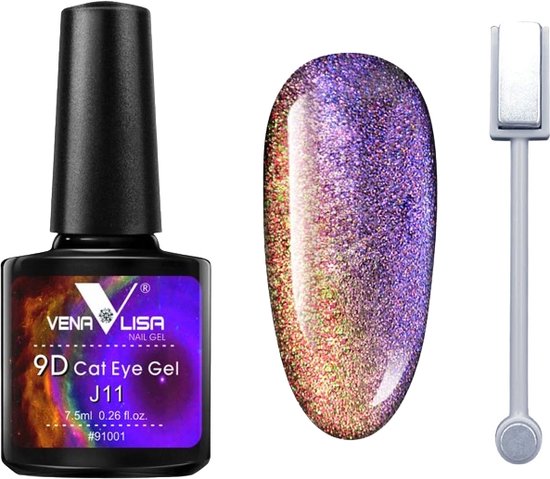 VENA LISA 9D Cat Eye Gel J11 nagellakflesje met nevelachtig label, naast een nagelstaal met glitterend paars/rood/groen Cat Eye effect en een magneet.