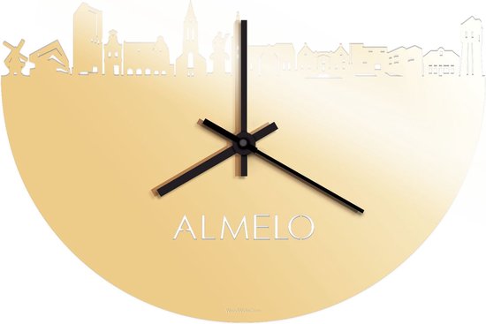 Skyline Klok Almelo Goud Metallic - Ø 40 cm - Stil uurwerk - Wanddecoratie - Meer steden beschikbaar - Woonkamer idee - Woondecoratie - City Art - Steden kunst - Cadeau voor hem - Cadeau voor haar - Jubileum - Trouwerij - Housewarming -