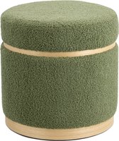Poef Selma met houten rand in stof teddy groen