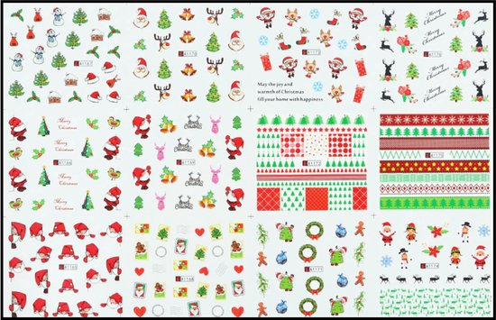 Sticker vel met 12 verschillende kerstmotieven: kerstbomen, sneeuwpoppen, rendieren, kerstmannen en cadeautjes.