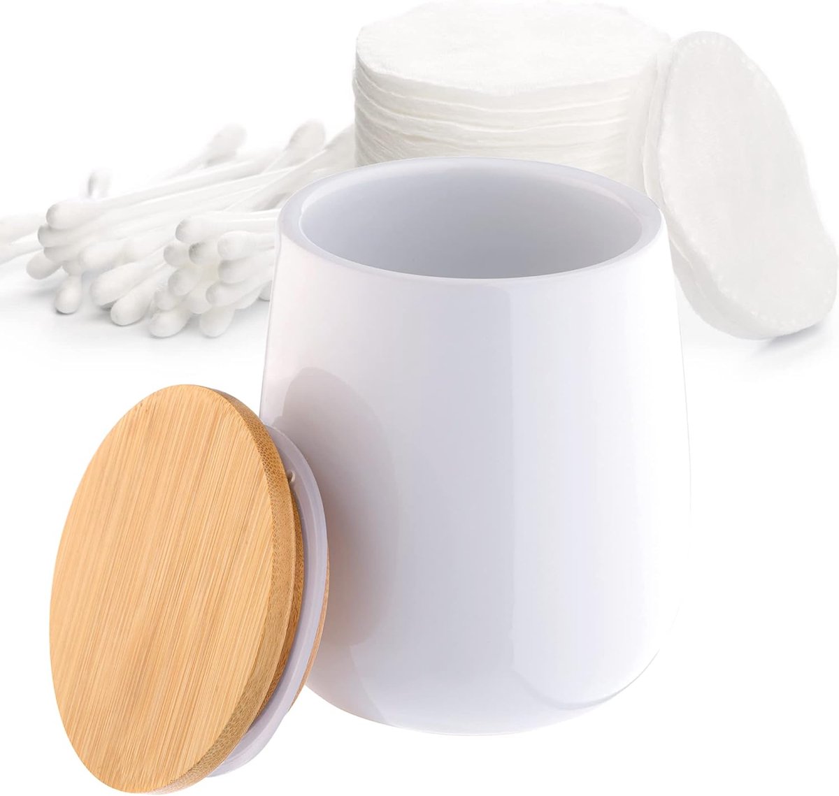 Cosmeticadoos, opbergdoos van keramiek - wattenschijfje met deksel van bamboe, wattenschijfhouder, voorraaddoos, wattenhouder, universele doos voor badkamer, wattenschijfjes, rond - Wit KADAX