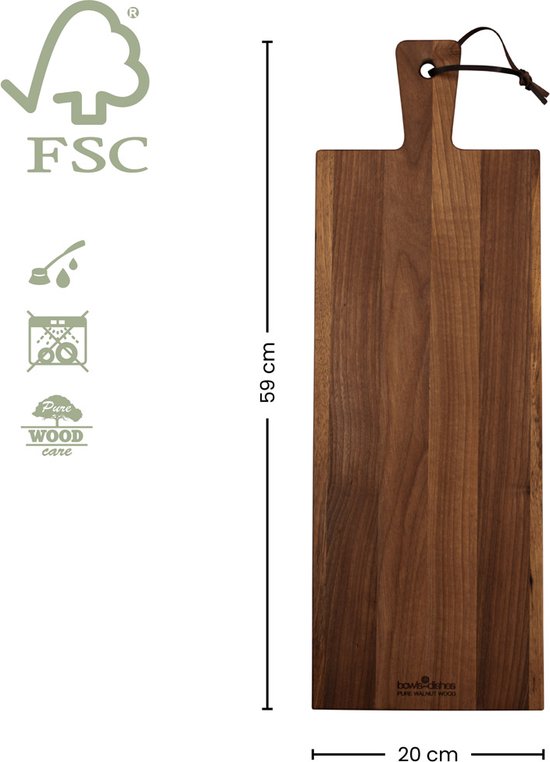 Walnotenhouten borrelplank, 59 x 20 cm, met handvat en leren lus.