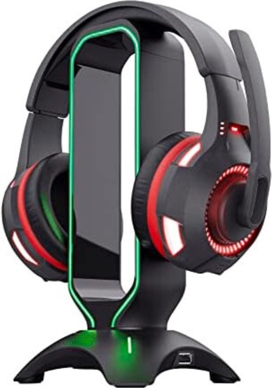 Foto: Gaming accesoires voor op bureau rgb headsetstandaard 2 usb poorten hoofdtelefoonstandaard met led verlichting antislipvoetjes universeel ontwerp zwart