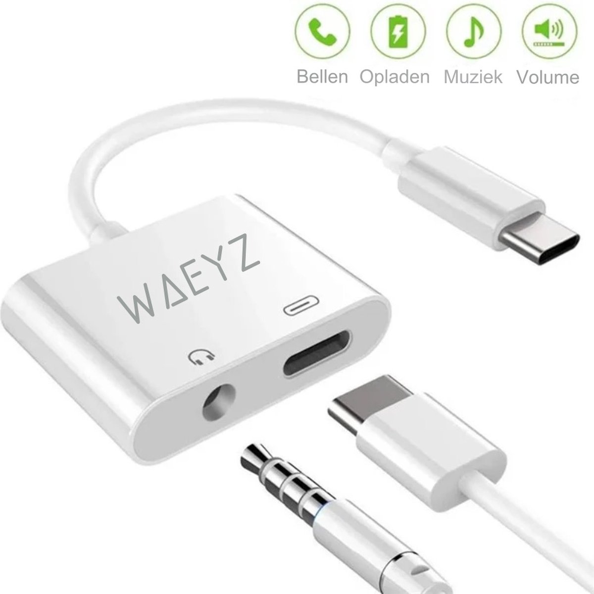 Waeyz usb c aux adapter 60Watt 2-1 usb c audio splitter met usbc en jack 3.5mm ingang - Audiokabel geschikt voor Muziek| Opladen| Bellen| Volumeregeling - Geschikt voor Apple iPad/iPhone15/Macbook/Android Tablet/Laptop