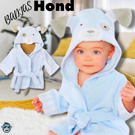 Dieren Badjas Blije hond | 0-12 maanden (0-1 jaar) | Baby / Peuter | BoefieBoef | ochtendjas | katoen | snel drogend | met capuchon | kraamcadeau | dierenbadjas | sinterklaas | dog | dier | meisjes en jongens | blauw