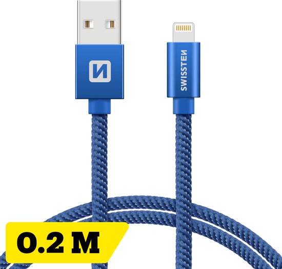 Swissten Lightning naar USB kabel - 0.2M - Gevlochten kabel geschikt voor iPhone 7/8/X/11/12/13/14 - Blauw