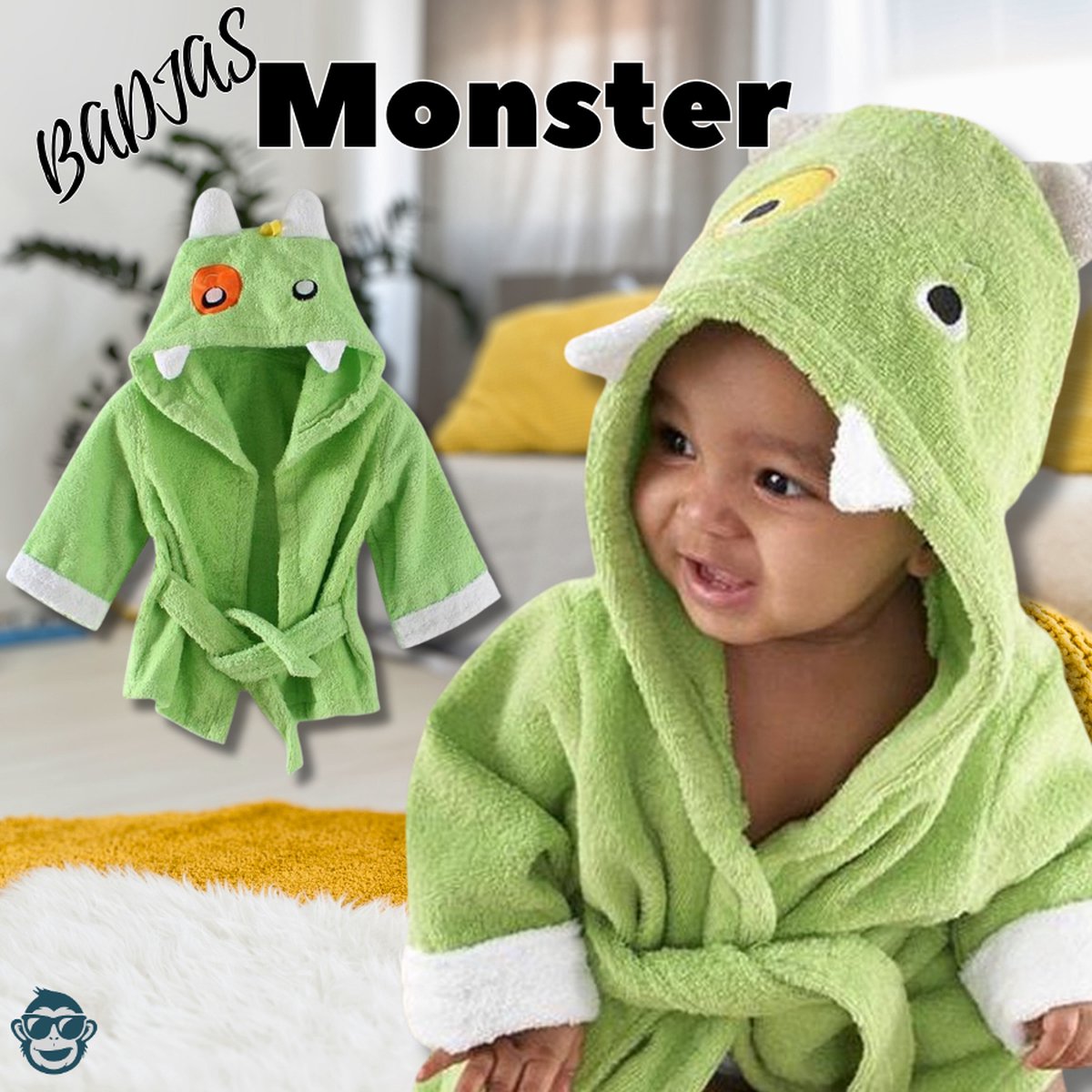 Dieren Badjas Monster | 0-12 maanden (0-1 jaar) | Baby / Peuter | BoefieBoef | ochtendjas | katoen | snel drogend | met capuchon | kraamcadeau | dierenbadjas | sinterklaas | Dinosaurus | Draak Dragon | dier | meisjes en jongens | groen