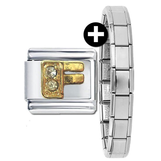 Schakel - Bedel - Letter F - Plus Armband - met strass - 9mm- Passend op Nomination armband - Plated