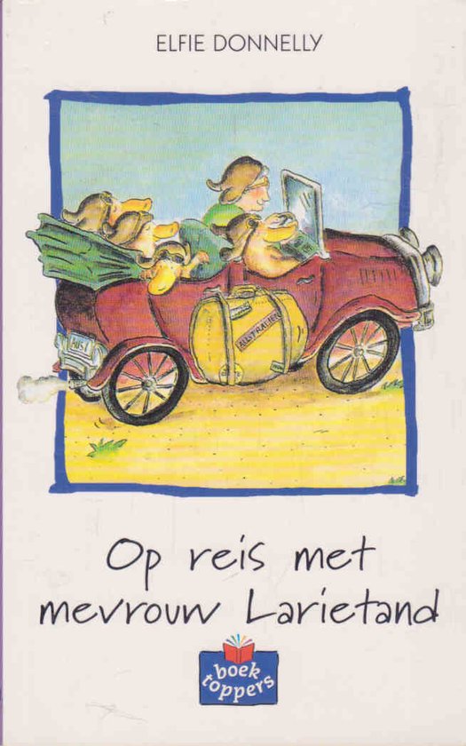 Een rode cabriolet met een vrouw en veel eenden, met de titel 'Op reis met mevrouw Larietand'.