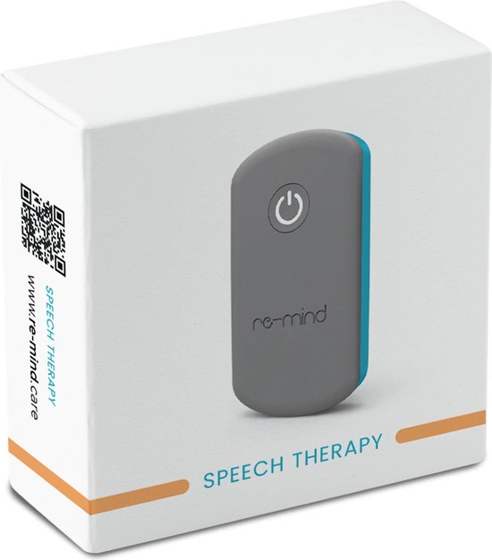 Witte verpakking met Re-mind logo, QR-code en 'Speech Therapy'.
