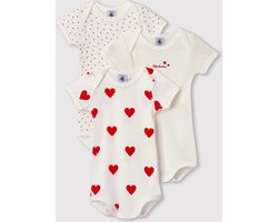Petit Bateau Set van 3 katoenen body's met korte mouwen en hartjes Meisjes Rompertje - Wit/Rood + Wit/Rood + Wit