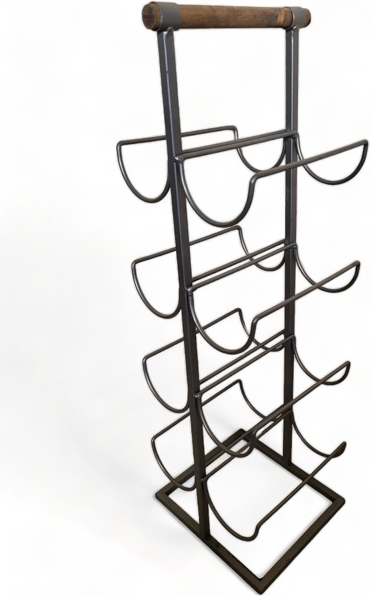 Wijnrek staand 8 flessen metaal zilver/grijs met houten handvat. Afmetingen 19,5 x 19,5 x 60 cm