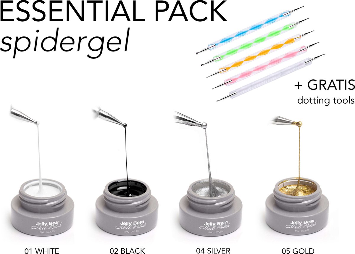 Jelly Bean Nail Polish spider gel Essential pack - spider gel set - nail art gel Wit - Zwart - Zilver - Goud - UV gellak 5ml