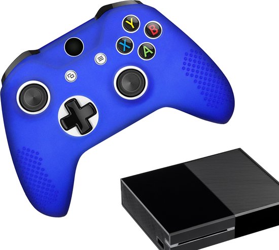 Blauwe Xbox controller skin met zwarte knoppen en een zwarte Xbox console.