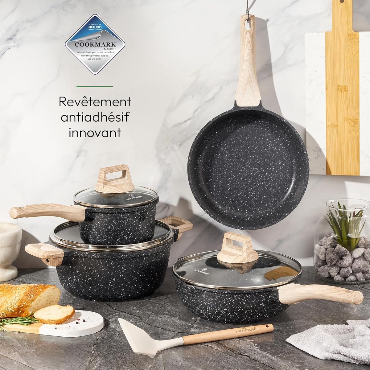 8 Delige Pannenset Inductie - Pannenset Met Deksel Voor Alle Waarmtebronnen - Braadpan 24 cm - Koekenpan 24 cm - Wokpan 24 cm - Steelpan 16 cm - Glazen Deksel - Anti-Aanbak Kookpannenset – foto 3