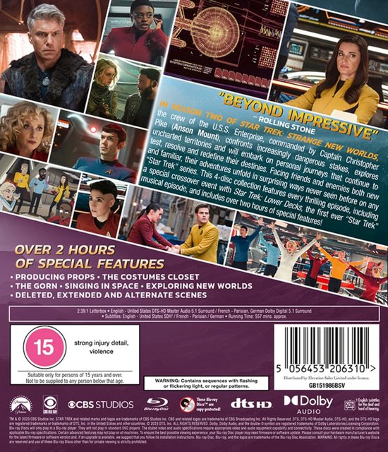 Blu-ray hoes met castafbeeldingen, met de tekst 'Star Trek Strange New Worlds Season Two' en een overzicht van extra's.