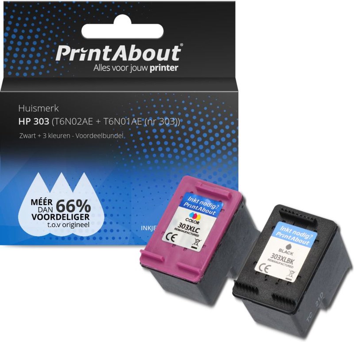 PrintAbout Huismerk HP 303 (3YM92AE) Inktcartridge Zwart + 3 kleuren Voordeelbundel