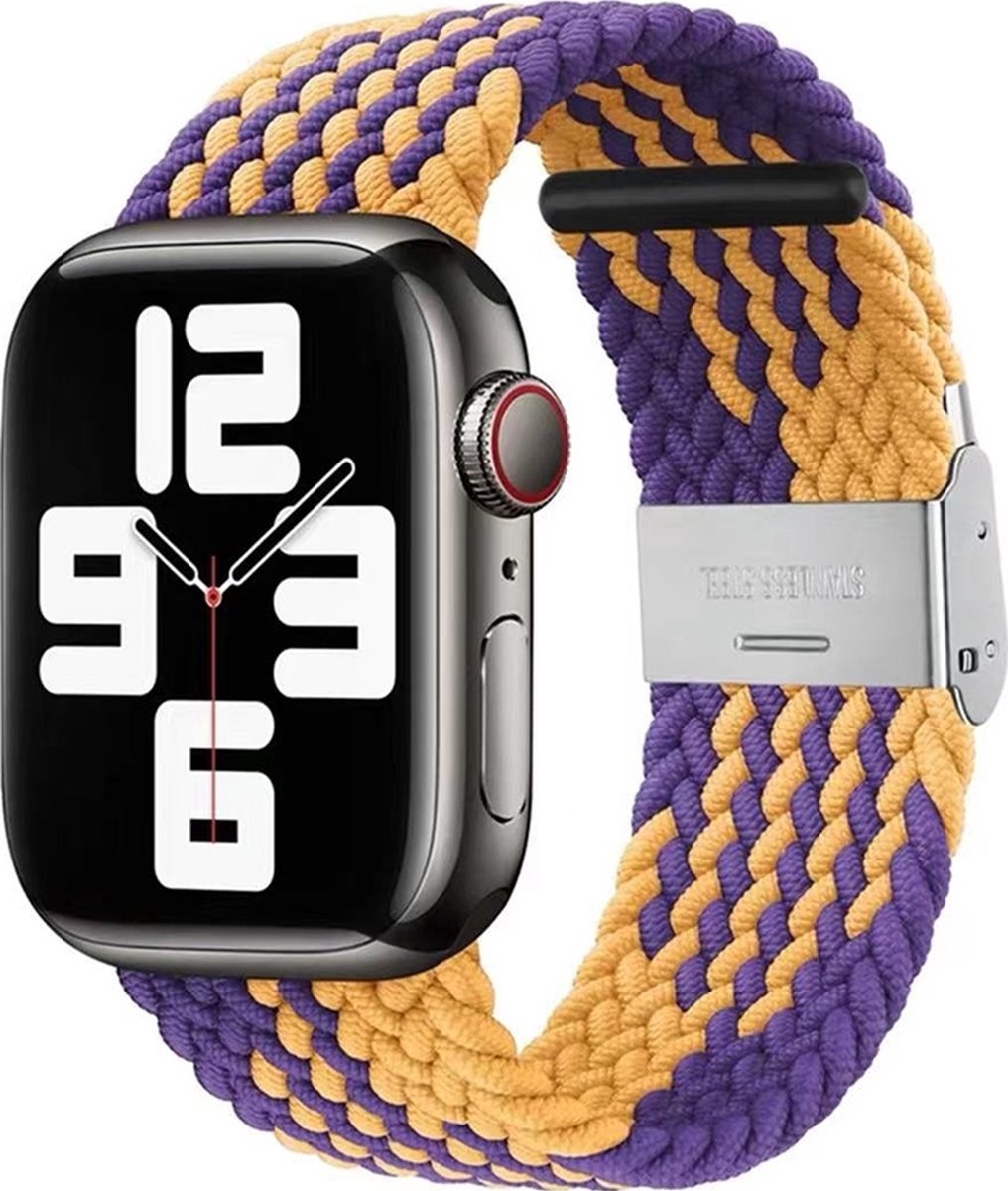 Mobigear Braided Nylon Watch bandje geschikt voor Apple Watch Bandje Klemsluiting - 49/45/44/42 mm - Oranje / Paars