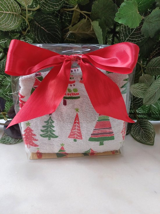 Set van 2 gastendoekjes in mooie geschenkverpakking: handdoeken, keukendoeken 64x38cm Kerstbomen groen en rood