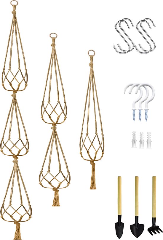 3-Delig Set Jute Macrame Plantenhangers - Boho Handgeweven Katoen Hangpot voor Binnen/Buiten - Hangende Bloempot met Kralen - Macramé Touw/Koord Hangplant Houder -Bohemian Wandhanger Decoratie -Plant Hanger -Verticale Tuin Bloempothouder Planthanger