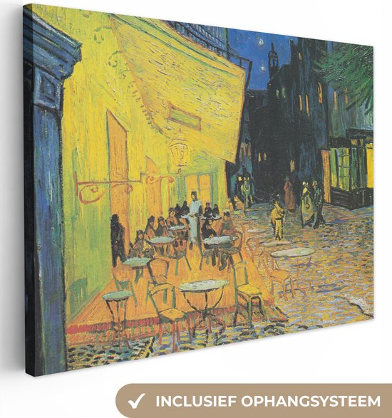 Een schilderij van een terras 's avonds met een gele muur en tafels, inclusief ophangsysteem.