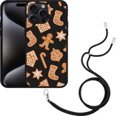 Cazy Hoesje met koord Zwart geschikt voor iPhone 15 Pro Max Christmas Cookies