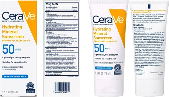 CeraVe Hydraterende minerale zonnebrandcrème SPF 50 gezichtslotion - 75ml - gezichtscrème