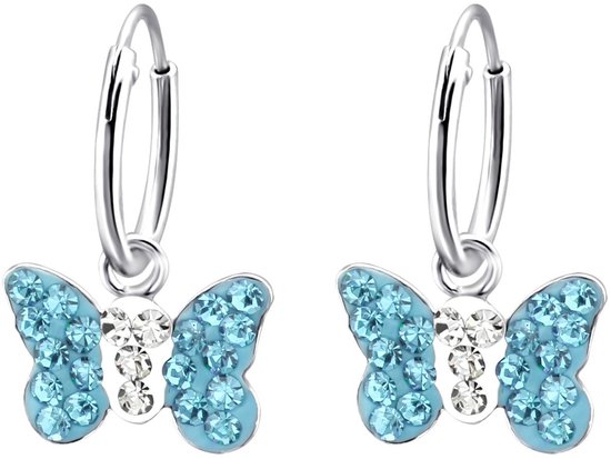Joy|S - Zilveren vlinder bedel oorbellen - kristal blauw vlinder 11 x 8 mm bedel - oorringen 12 mm