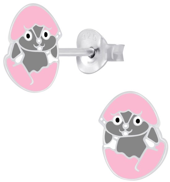Joy|S - Zilveren Paasei oorbellen - roze ei met een grijs konijntje
