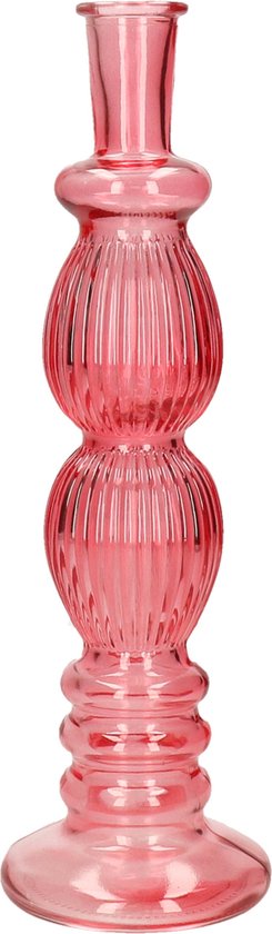 Kaarsen kandelaar Florence - koraal rood glas - ribbel - D9 x H28 cm