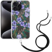 Cazy Hoesje met koord geschikt voor iPhone 15 Pro Max Purple Flowers