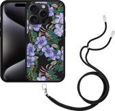 Cazy Hoesje met koord Zwart geschikt voor iPhone 15 Pro Purple Flowers