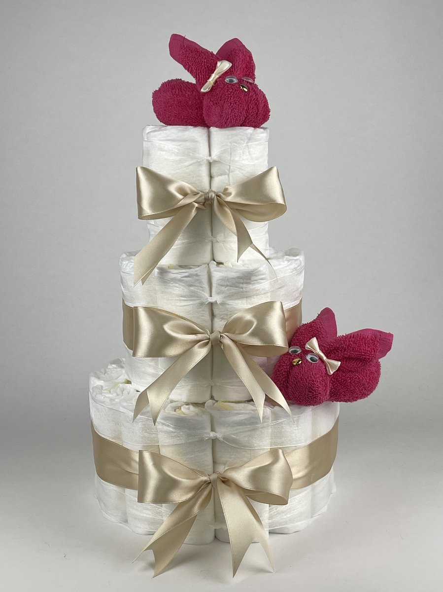 Goedkoopste Chouette-Chouette | Luiertaart Meisje | Kraamcadeau | Geboorte Meisje | Babyshower | Konijnen Fuchsia roze - Beige