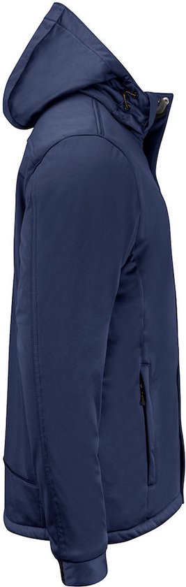 Profil latéral d'une veste d'hiver bleu marine avec capuche et poches zippées.