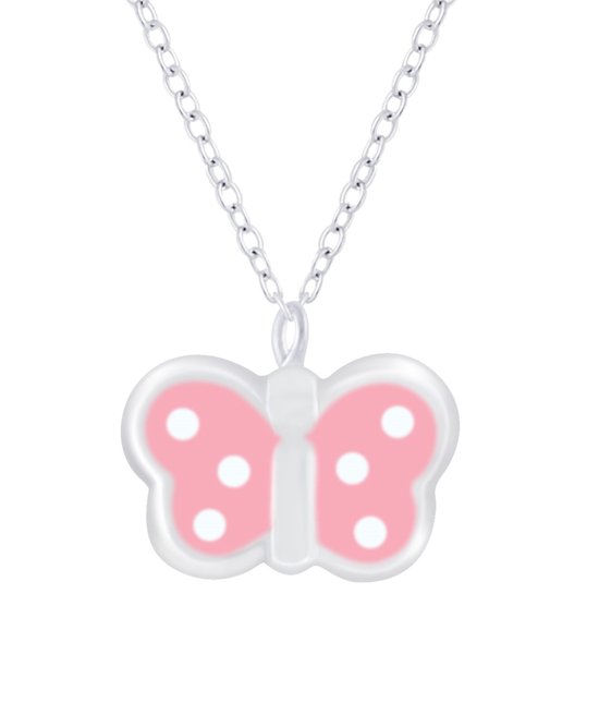 Joy|S - Zilveren vlinder hanger met ketting - 35 cm + 5 cm extension - roze met witte stippen