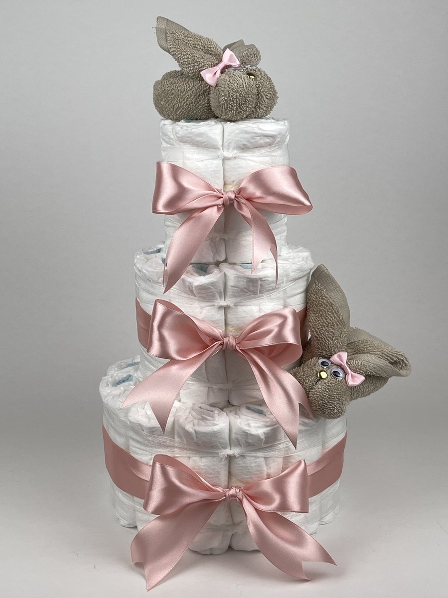 Chouette-Chouette | Luiertaart Meisje | Kraamcadeau | Geboorte Meisje | Babyshower | Konijnen Cream - donker Poeder Roze