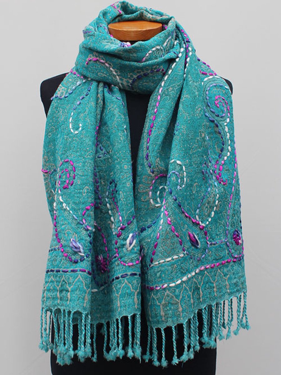 Wollen geborduurde sjaal en omslagdoek Turquoise 72 x 185 cm