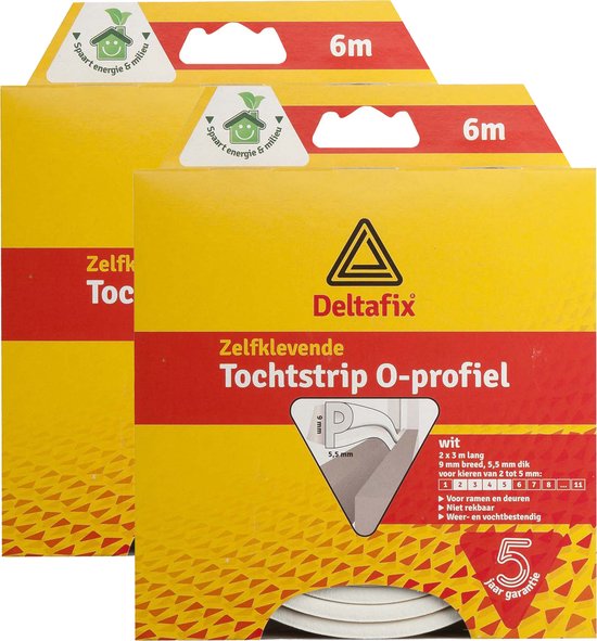 Deltafix Tochtstrip - 2x - tochtwering - wit - zelfklevend - O-profiel - 6 m x 9 mm x 6 mm