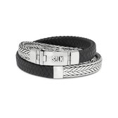 SILK Jewellery - Zilveren Wikkelarmband - 362BLK.20 - zwart leer - Maat 20