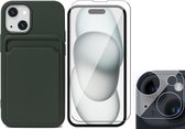 Hoesje Pasjeshouder geschikt voor iPhone 15 Plus - Screenprotector GlassGuard + Camera Lens Screen Protector - Siliconen Case Back Cover Groen