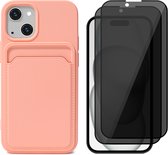 Hoesje Pasjeshouder geschikt voor iPhone 15 Plus - 2x Privacy Screenprotector FullGuard - Siliconen Case Back Cover Roze & Screen Protector