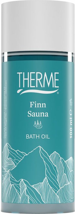 Therme Finn Sauna badolie van 100 ml in een blauwgroene fles met witte bergafbeeldingen.